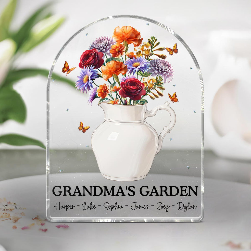 Grandma's Garden 3D Effect Birth Month Flower Vase Personalized Acrylic Block Plaque, Gift For Grandma